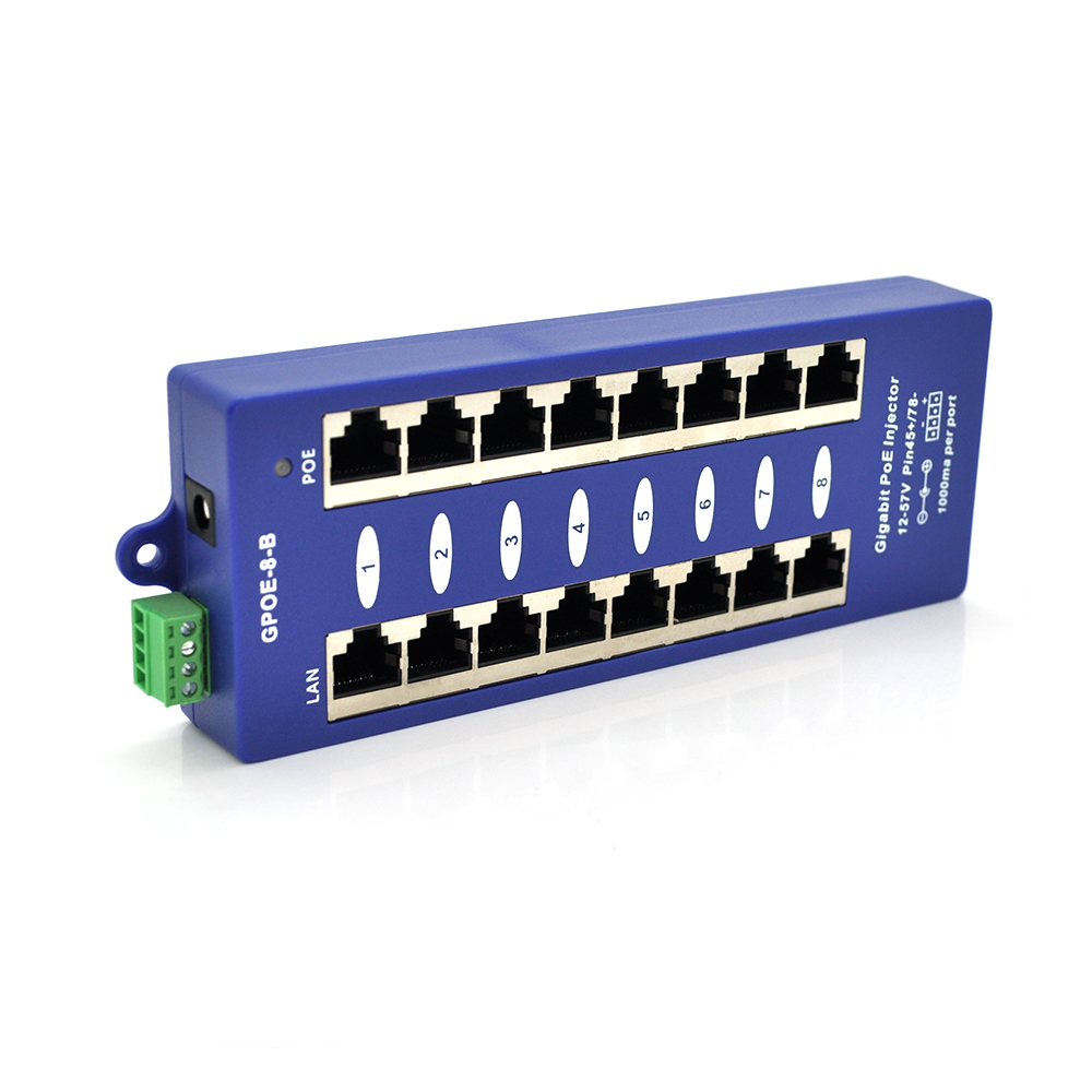 8-портовий POE-інжектор живлення, з 8xRJ45 портами Ethernet 10/100 / 1000Мбіт / с, IEEE802.3af / at, 12-57V, PIN45 + / 78-