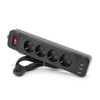 Мережевий фільтр F24U, 4 розетки EU+3 USB+PD, кнопка включення з індикатором, 2 м, 3х0,75мм, 2500W, Black, Box