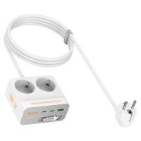 Мережевий фільтр HOCO AC28A на 2 розетки + 1 USB + 3 USB-C, 45W, 220В, кабель 2м, White, Box