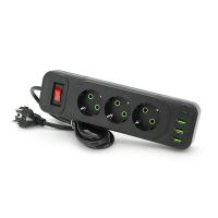 Мережевий фільтр F23U, 3 розетки EU +3 USB + PD, кнопка включення з індикатором, 2 м, 3х0,75мм, 2500W, Black, Box