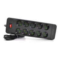 Мережевий фільтр F35, 10 розеток EU, кнопка включення з індикатором, 2 м, 3х0,75 мм, 2500W, Black, Box