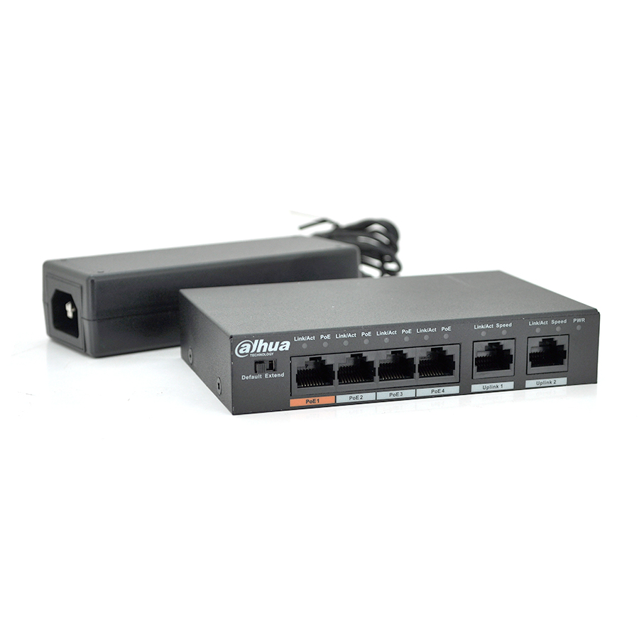 Комутатор POE Dahua DH-PFS3006-4ET-60 з 4 портами POE 100Мбіт + 2 порти Ethernet (UP-Link) 100Мбіт, корпус - метал, Black, БП в комплекті