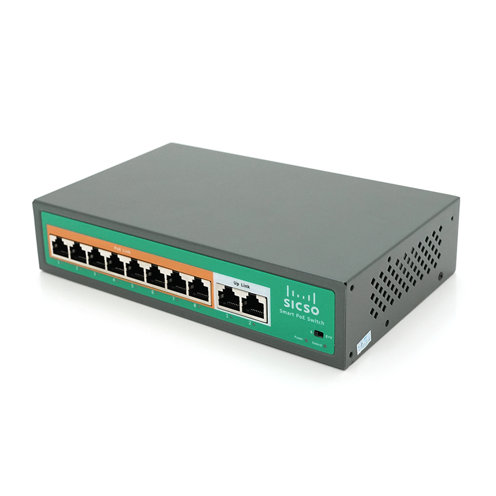 Комутатор POE SICSO 48V з 8 портами POE 100Мбит + 2 порт Ethernet (UP-Link) 100Мбит, c посиленням сигналу до 250м, корпус -метал, Silver, БП вбудований, Q30