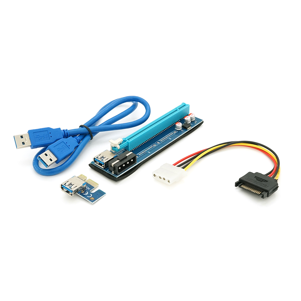 Riser PCI-EX, x1 => x16, 4-pin MOLEX, SATA => 4Pin, USB 3.0 AM-AM 0,6 м (синій), конденсатори PS 100 16V, Пакет