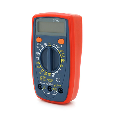 Multimeter DT-33C, Measurements: V DC/AC, A DC/AC, Ω, °C, hFE. Continuity test, HOLD, backlight