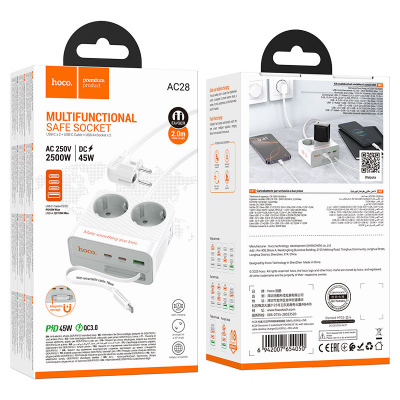 Мережевий фільтр HOCO AC28A на 2 розетки + 1 USB + 3 USB-C, 45W, 220В, кабель 2м, White, Box