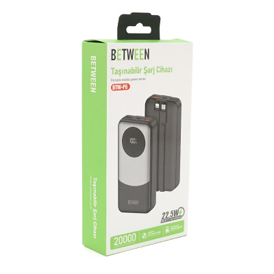 Power bank BETWEEN BTW-P6 20000mAh, 22.5W, 2 кабелі: Type-C+Lighting, Black, 460g, Box