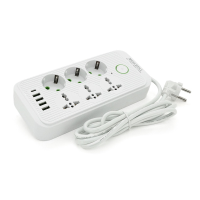 Фільтр F07U, 6 розеток (3 EU+3 Universal) + 4 USB + 1PD, кнопка включення з індикатором, 2 м, 3х0,75мм, 2500W, White, Box