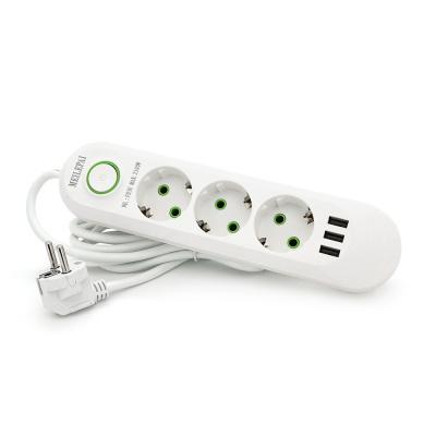 Мережевий фільтр F03U, 3 розетки EU + 3 USB, 1.5 м, перетин 3х0, 75мм, 2500W, White, Bag