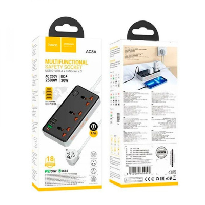 Мережевий фільтр HOCO AC8A на 3 розетки + 3 USB+USB-C, 30W, 220В, кабель 1,5м, Black/White, Box