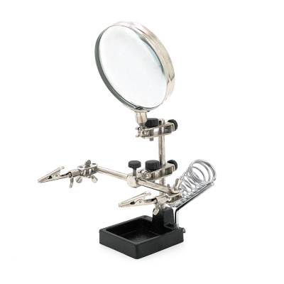 Паяльний тримач "третя рука" JM-508. Лінза Ø90 мм. Збільшення 3X. 2 гнучкі тримачі із затискачами. Металева основа. Box