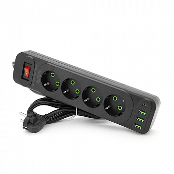 Мережевий фільтр F24U, 4 розетки EU+3 USB+PD, кнопка включення з індикатором, 2 м, 3х0,75мм, 2500W, Black, Box