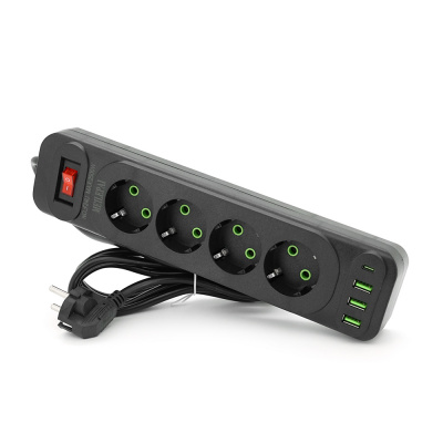 Мережевий фільтр F24U, 4 розетки EU+3 USB+PD, кнопка включення з індикатором, 2 м, 3х0,75мм, 2500W, Black, Box