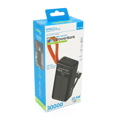 Powerbank ACL PW-141 30000mAh, Solar, 22.5W, Кабелю Type-C + Lighting, 0,680 kg, Black, Box