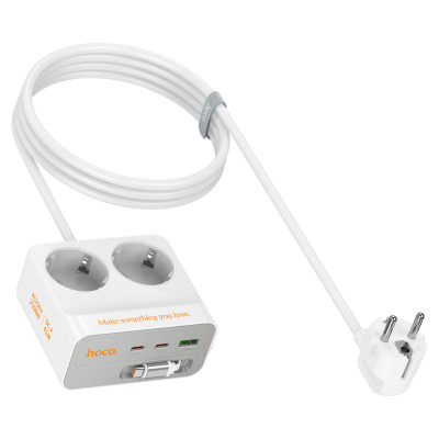 Мережевий фільтр HOCO AC28A на 2 розетки + 1 USB + 3 USB-C, 45W, 220В, кабель 2м, White, Box