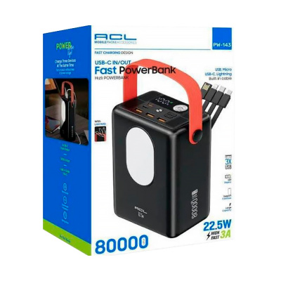 Powerbank ACL PW-143 80000mAh, PD22.5W, 3xUSB+USB-C, 4 кабелі (USB/Micro/Type-C/Lighting), Ліхтар, 1,64 кг, Black/White, Box
