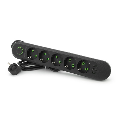 Мережевий фільтр F05U, 5 розеток EU + 3 USB, 1.5 м, перетин 3х0, 75мм, 2500W, Black, Box