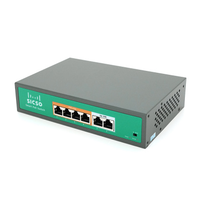 Комутатор POE SICSO 48V з 4 портами POE 100Мбіт + 2порт Ethernet (UP-Link) 100Мбіт, з посил. сигн. до 250м, корпус-метал, Silver, БП вбудований, Q30