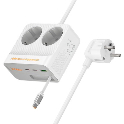 Мережевий фільтр HOCO AC28A на 2 розетки + 1 USB + 3 USB-C, 45W, 220В, кабель 2м, White, Box