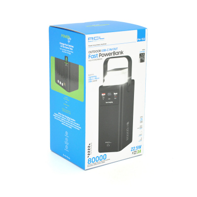 Powerbank ACL PW-152 80000mAh, 22.5W, 2xUSB, 4 кабелі (USB/Micro/Type-C/Lighting), Ліхтар, 1.4кг, Black, Box