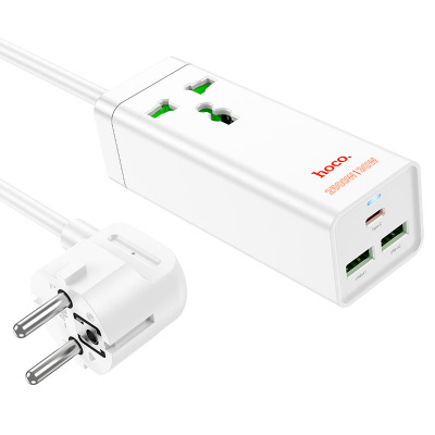 Мережевий фільтр HOCO AC9A на 1 розетку + 2 USB+USB-C, 30W, 220В, кабель 1,5м, White, Box