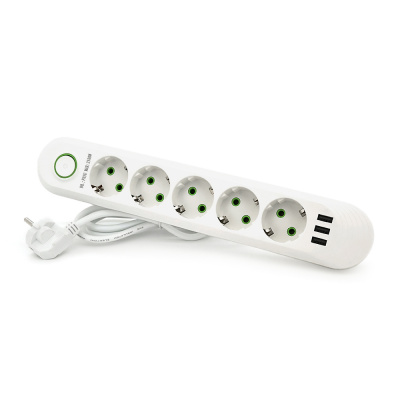 Мережевий фільтр F05U, 5 розеток EU + 3 USB, 1.5 м, перетин 3х0, 75мм, 2500W, White, Box
