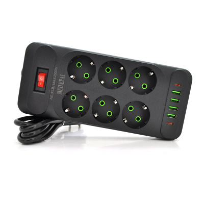 Мережевий фільтр F33U, 6 розеток EU + 4 USB + 2 PD, кнопка включення з індикатором, 2 м, 3х0,75 мм, 2500W, Black, Box