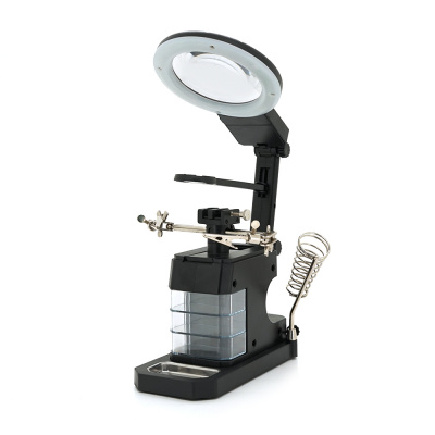 Паяльний тримач "третя рука" TE-803. Лінзи Ø85/32/21мм. Підвищення 2.5X/16X. 16 SMD LEDs. 3 типи затискачів. 218x120x188 мм. Вага: 0.470 кг.