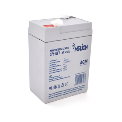 Акумуляторна батарея MERLION AGM GP655F1 6 V 5.5Ah ( 70 x 47 x 100 (105)), 0.75 kg, Grey, Q20/2400