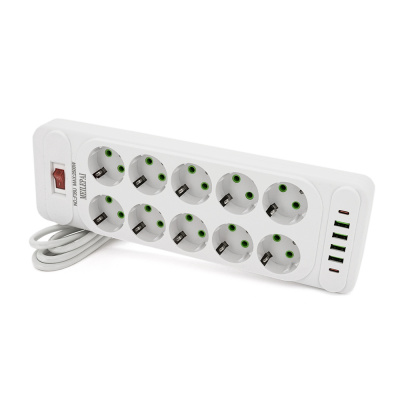 Мережевий фільтр F35U, 10 розеток EU + 4 USB + 2 PD, кнопка включення з індикатором, 2 м, 3х0,75 мм, 2500W, White, Box