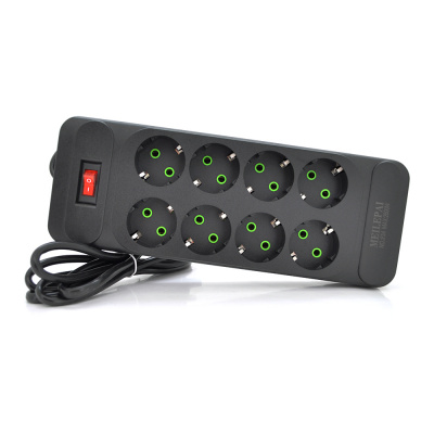 Мережевий фільтр F34, 8 розеток EU, кнопка включення з індикатором, 2 м, 3х0,75мм, 2500W, Black, Box