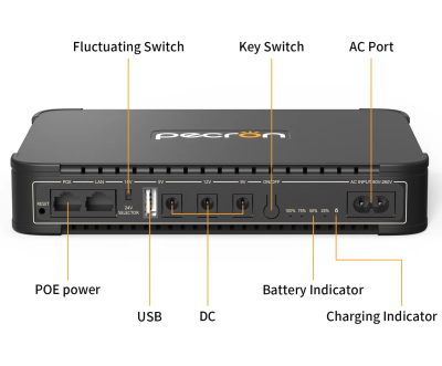 ИБП для роутера Pecron D77, 36W 76.96Wh, Output: USB 5V 2.6A Max, 9V 2A Max/12V 2A Max /5V2.6AMax/15V or 24V POE, 199.6*144.6*34.6mm, 700g, Black, BOX