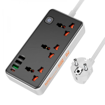 Мережевий фільтр HOCO AC8A на 3 розетки + 3 USB+USB-C, 30W, 220В, кабель 1,5м, Black/White, Box