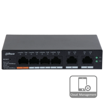 4-портовий гігабітний керований PoE комутатор DH-CS4006-4GT-60 з 4 портами POE 1000Мбіт + 2 порти UP-Link 1000Мбіт,130x90x26 мм