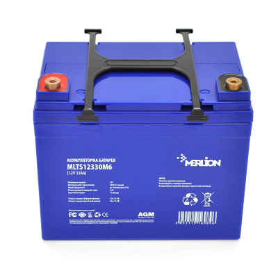 Акумуляторна батарея MERLION EURO AGM MLTS12330M6 12 V 33 Ah (195 x 130 x 155 (165)), 9.7 kg Blue ( ліворуч), Q1