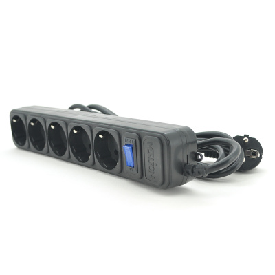 Мережевий подовжувач MERLION B518, 220В 10А,  5 розеток, 1,8 м, переріз 3х0,75мм, чорний Q50