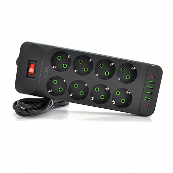 Мережевий фільтр F34U, 8 розеток EU + 4 USB + 2 PD, кнопка включення з індикатором, 2 м, 3х0,75 мм, 2500W, Black, Box