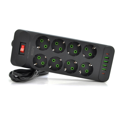 Мережевий фільтр F34U, 8 розеток EU + 4 USB + 2 PD, кнопка включення з індикатором, 2 м, 3х0,75 мм, 2500W, Black, Box