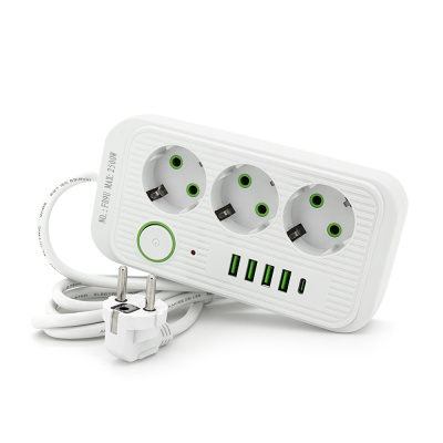 Фільтр мережі F09U, 3 розетки EU + 4 USB + 1PD, кнопка включення з індикатором, 2 м, 3х0,75мм, 2500W, White, Box