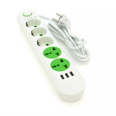Мережевий фільтр F02U, 3 розетки EU + 2 розетки Universal + 3 USB, 1.5 м, перетин 3х0, 75мм, 2500W, White, Bag