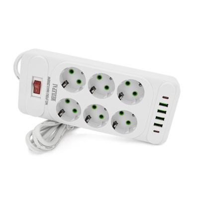 Мережевий фільтр F33U, 6 розеток EU + 4 USB + 2 PD, кнопка включення з індикатором, 2 м, 3х0,75 мм, 2500W, White, Box