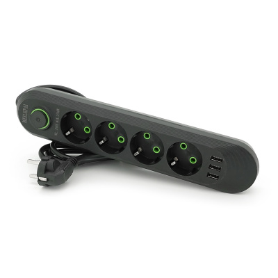 Мережевий фільтр F04U, 4 розетки EU + 3 USB, 1.5 м, перетин 3х0, 75мм, 2500W, Black, Box
