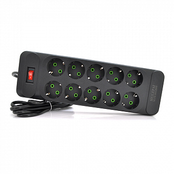 Мережевий фільтр F35, 10 розеток EU, кнопка включення з індикатором, 2 м, 3х0,75 мм, 2500W, Black, Box