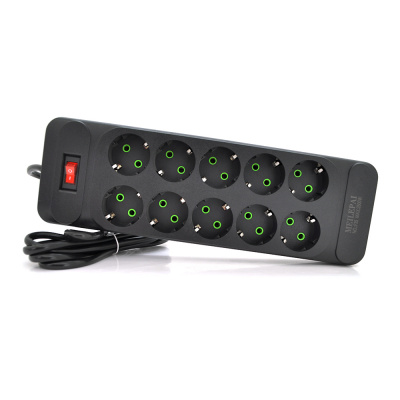 Мережевий фільтр F35, 10 розеток EU, кнопка включення з індикатором, 2 м, 3х0,75 мм, 2500W, Black, Box