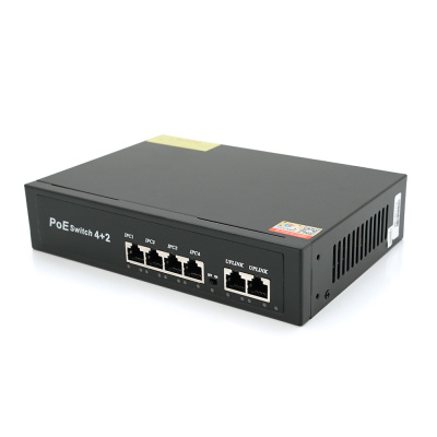 Комутатор POE 48V з 4 портами POE 100Мбіт + 2 порт Ethernet (UP-Link) 100Мбіт, корпус - метал, Black, БП вбудований, Q20