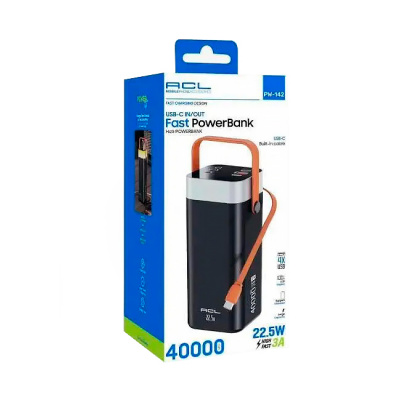 Powerbank ACL PW-142 40000mAh, PD22.5W, 4xUSB+USB-C, 4 кабелі (USB/Micro/Type-C/Lighting), Ліхтар, 0.92 кг, Black/White, Box