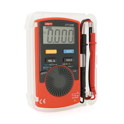 Мультиметр UNI-T UT120B: вимірювання V A Ω C Hz °C. Функції True RMS продзвінку тест діодів перевірка транзисторів. Габарити 110×58×11 мм
