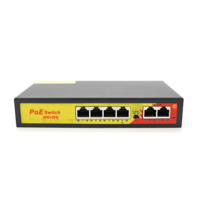 Комутатор POE з 4 портами POE 100Мбіт + 2 порт Ethernet (UP-Link) 100Мбіт, 52V/1.44A, 100/250метрів, корпус - метал, Black, БП вбудований, Q20