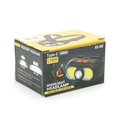 Налобний Ліхтарик KX-302, 3+3 реж., COB, корпус-пластик, водостійкий, 18650 акумулятор, USB кабель, BOX