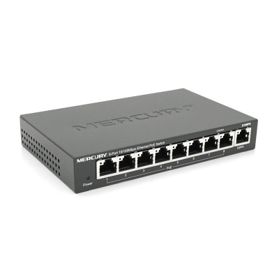 Комутатор POE 48V Mercury S109PS 8 портів POE + 1 порт Ethernet (Uplink) 10/100 Мбіт / сек, БП в комплекті, BOX Q200 (258 * 196 * 66) 0,72 кг (158 * 99 * 25)